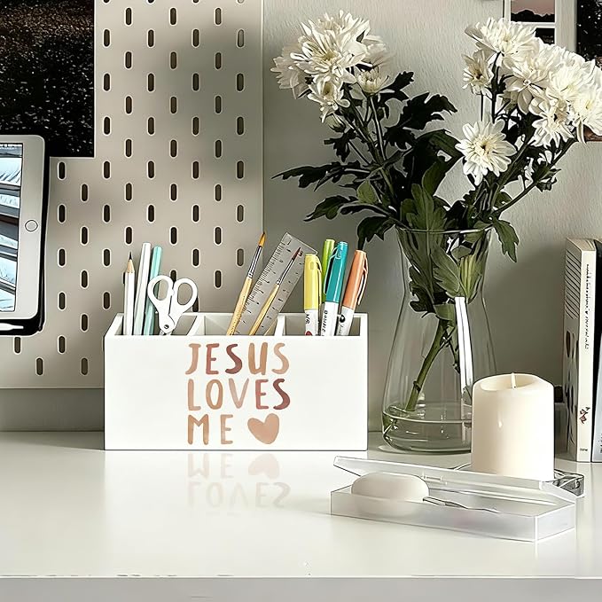 Boho Christian Inspirational Pen Holder, Christian Gifts Pencil Holder for Desk, Jesus Loves Me Bible Verse Wooden Box Sign Decorations for Kids Nursery Room Bedroom Classroom Desk Tabletop