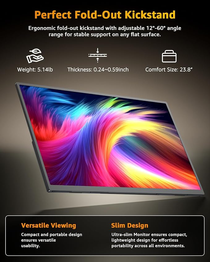 Yodoit Portable Monitor for Laptop 23.8" 144Hz 1080P Travel Gaming Monitor Screen IPS Display with USB Type C Port and Built-in Speakers Compatible with PC, Xbox Black