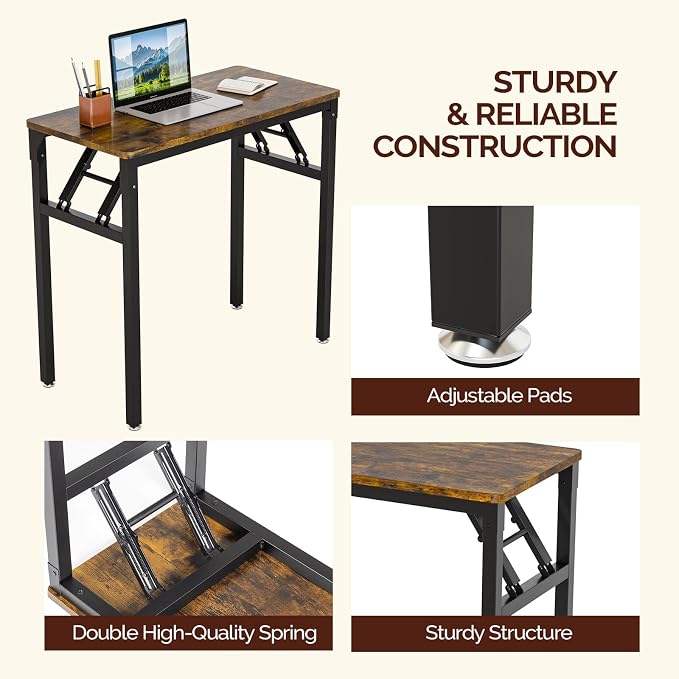VINGLI Small Computer Desk No Assembly Required, Folding Desk as Writing Table, Dining Table and Workbench, Foldable Desk for Small Space & Home Office, 31.5 Inch, Brown & Black Frame