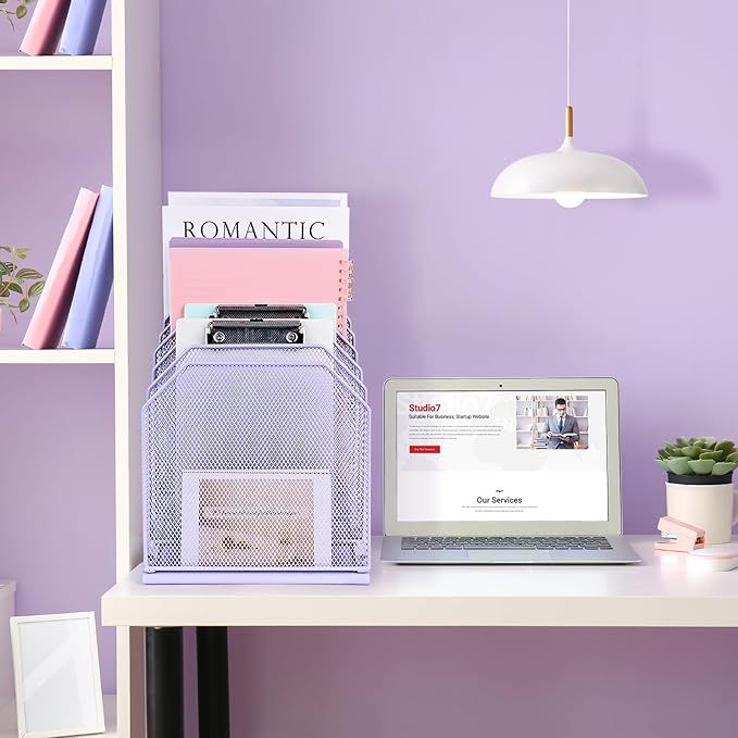 Inclined File Organizer for Desk, 7-Tier Vertical File Folder Holder Office Desk Organizer Metal Rack File Wire Mesh Desktop Document Sorter for Office School Classroom Home (Purple)