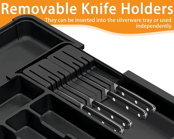 Silverware Organizer - Expandable Large Kitchen Drawer Organizer Utensil Organizer with 2 Removable Knife Blocks, 22"x 19"Cutlery Tray Drawer Dividers for Kitchen Flatware(6-9 Slots) (Black)