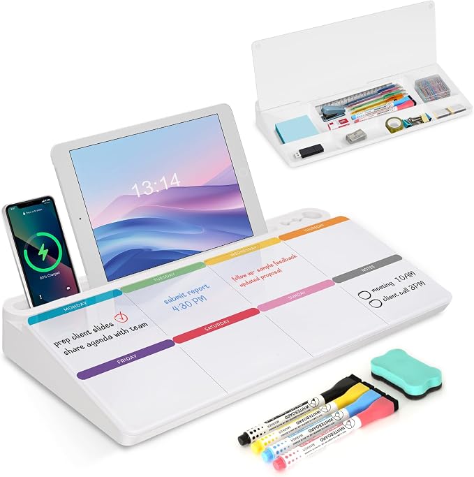 Desktop Glass Whiteboard with Storage, Colorful Weekly Calendar Desk Dry Erase White Board, Desk Organizers and Accessories, Weekly Planner Board with Notes for Planning, Memo, Office, Home, School
