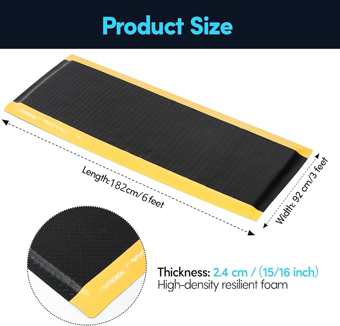 Anti Fatigue Mat 3x6 Ft 15/16" Thick Soft Sponge Ergonomic Mat | Floor Mat Reinforced Diamond Stud Dependable Standing Mat for Foundry Forge Casting Mold Compact Support Full Day