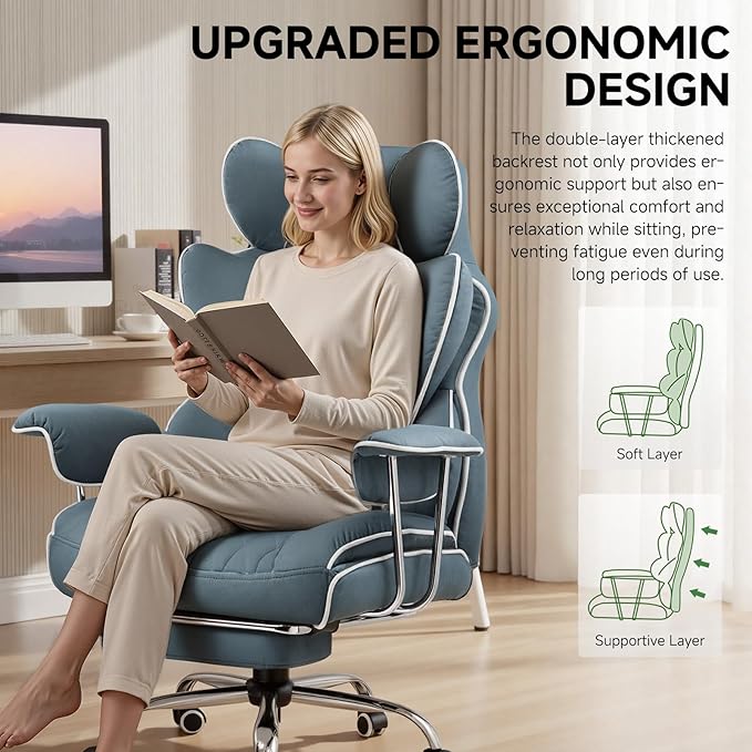 COMHOMA Big and Tall Gaming Chair with Pocket Spring Lumbar Support, Ergonomic Office Chair with Footrest, Executive Desk Chair with Outward Fixed Soft Armrests, Computer Chair with High Back, Blue