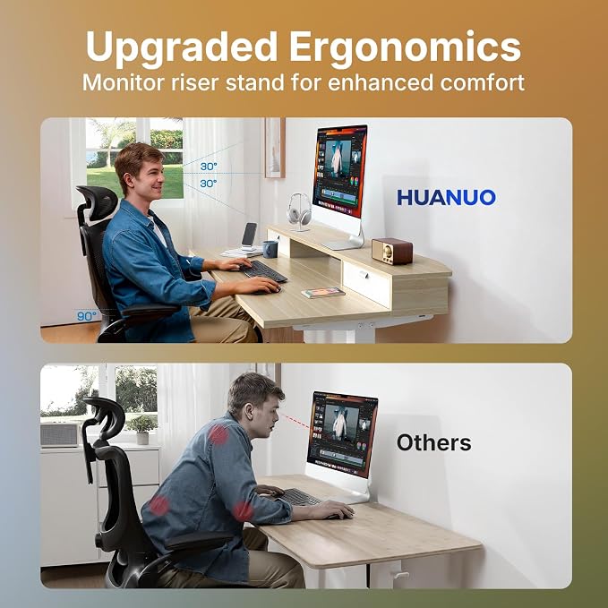 HUANUO 40 x 24 inch Small Electric Standing Desk with 2 Drawers, C-Clamp Mount Compatible, Height Adjustable Sit Stand Desk, Home Office Stand Up Desk with 4 Memory Height Settings, Light Walnut