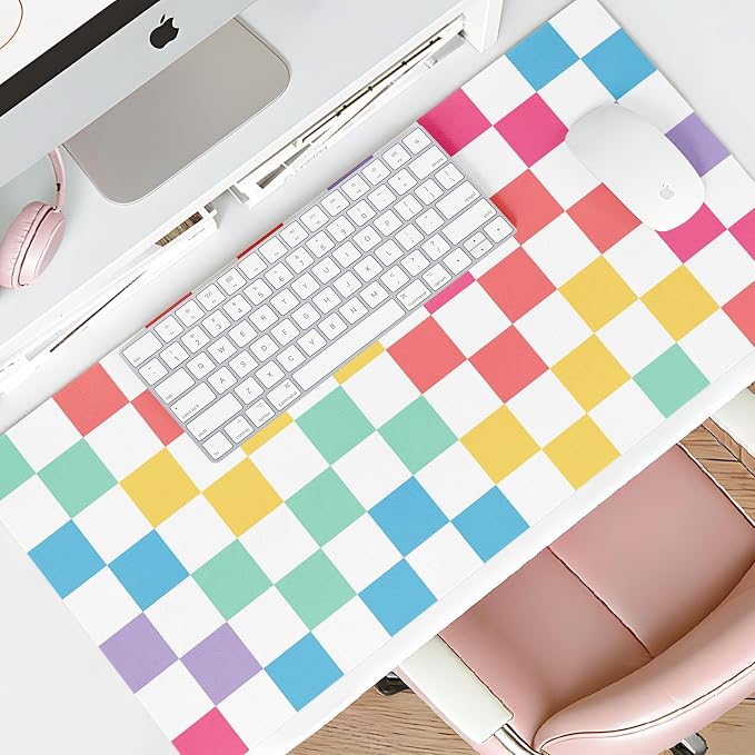 Mouse Pad Leather Desk Mat Large Keyboard Cute Office Desktop Computer Laptop XXL Long Big Aesthetic Modern Design Women Girls Gaming Gamer Oversized Wide Mousepad 31.5"x15.7", Color Plaid