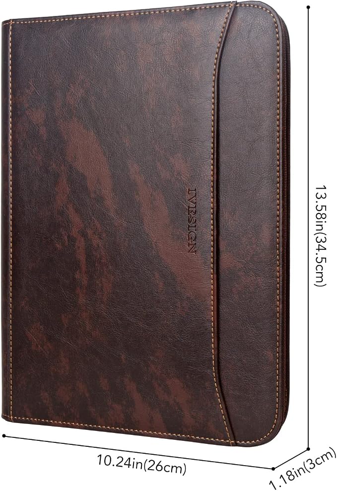 Zippered Padfolio for Women & Men Resume Portfolio Folder Vegan Leather Business Organizer Planner,with Writing Pad Interior 10.1 Inch Tablet Sleeve Dark Brown