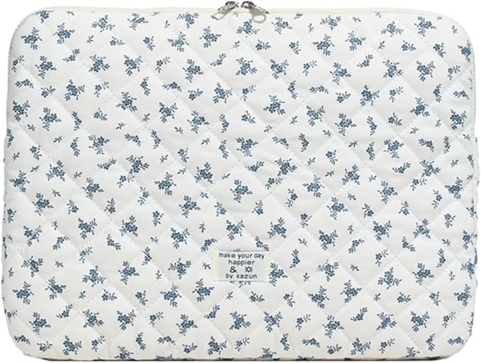 Cute Laptop Sleeve 13-15 inch Laptop Case Aesthetic Quilted Laptop Sleeve Computer Bag with Flower Printing for MacBook (Blue, 15inch)