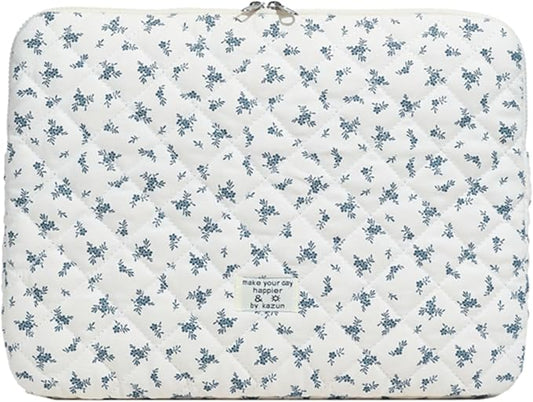 Cute Laptop Sleeve 13-15 inch Laptop Case Aesthetic Quilted Laptop Sleeve Computer Bag with Flower Printing for MacBook (Blue, 15inch)