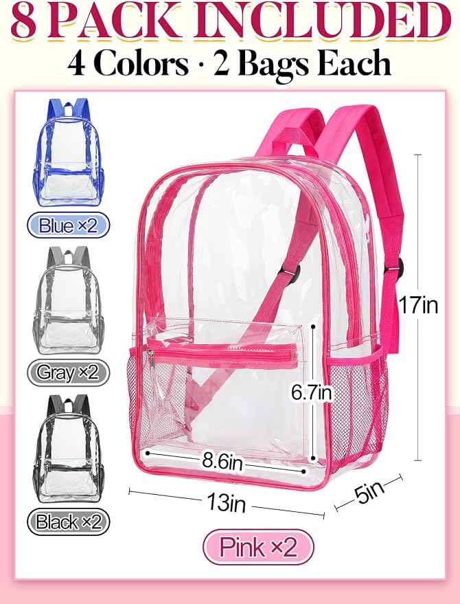 MADHOLLY 8 Pack Bulk Clear Backpack for School - 17" Large Transparent Bookbag for Kids/Girls/Boys/Charity/Stadium/Back to School Supplies, with Front and Side Bottle Pockets