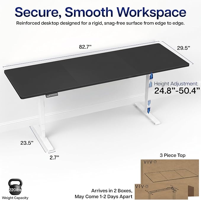 VIVO Black 83 x 30 in Standing Desk, DESK-KIT-2EW84B | Electric, Holds 220 lbs, Sit Stand, Height Adjustable, Extra Deep Table Top, Memory Presets, 2E Series, White Frame