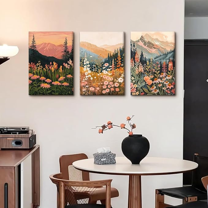 KBKBART Boho Colorful Landscape wall art Set of 3, Wildflower Mountain Wall Decor Vintage Floral Forest Paintings Rustic Nature Pictures Canvas Prints for Living Room Bedroom Dining Room 12x16 Inch