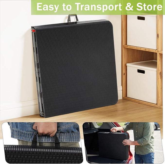 FDW 6FT Plastic Folding Table, Portable with Carrying Handle Perfect for Indoor, Outdoor, Party, Dining, Wedding, Events, Camping, Black Ratten