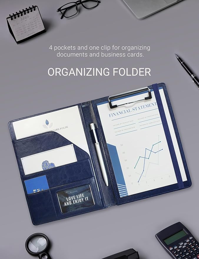 Small Padfolio Clipboard A5 Folder for Writing Pad Refillable 5 x 8 Note pad, Mymazn Faux Leather Clipboard Folder Junior Size Portfolio 5x8 Folio Clip Board (Blue)