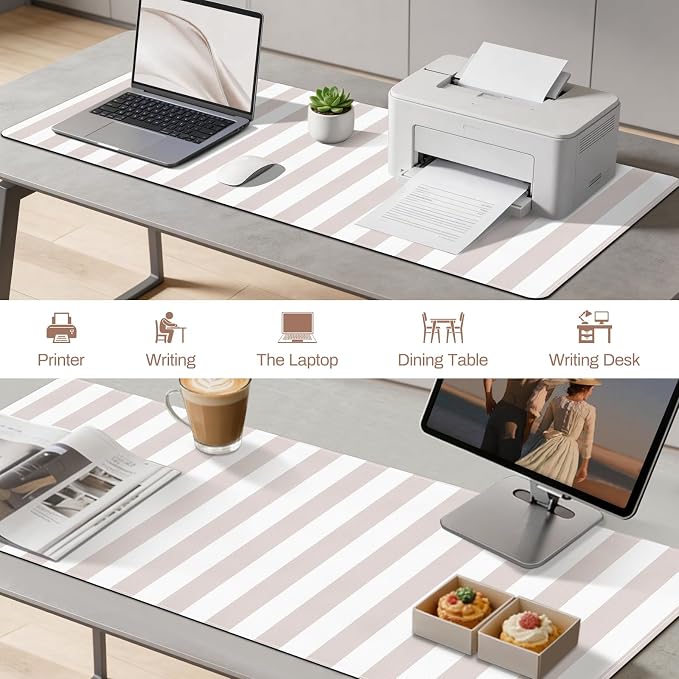 Beige Desk Mat Cute Kawaii PU Leather XXL Large Mouse Pad Striped Pastel Desk Pad Mat Laptop Computer Keyboard and Mouse Mat Home Office Decor for Women Girls