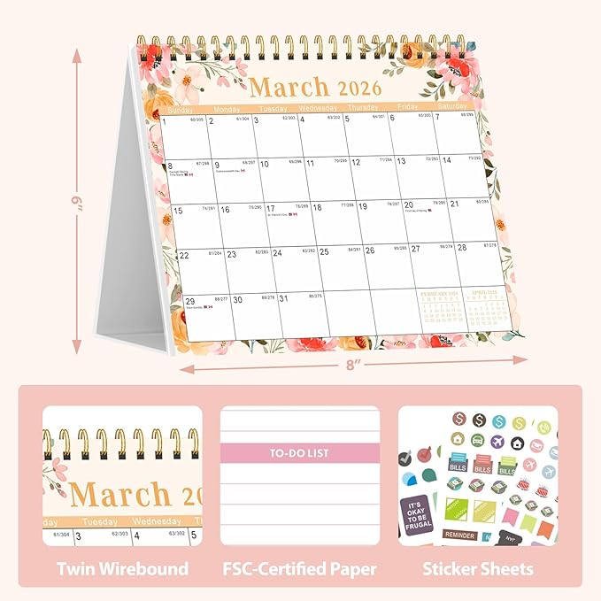 Desk Calendar 2026, Desktop Calendar 2026 Standing Flip Cover 12 Month(January - December), Small Desk Planner with Stickers & Notes for Office Accessories and Home School Supplies, 8" x 6", Floral
