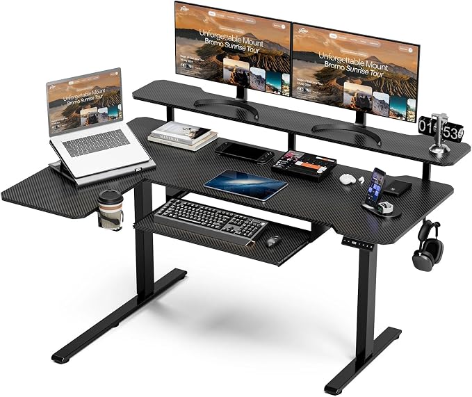 Acrolix 59 Inch L Shaped Standing Desk with Shelves and Keyboard, Electric Corner Standing Desk Adjustable Height, Sit Stand Computer Table with Reversiable Splice Board，Black Carbon