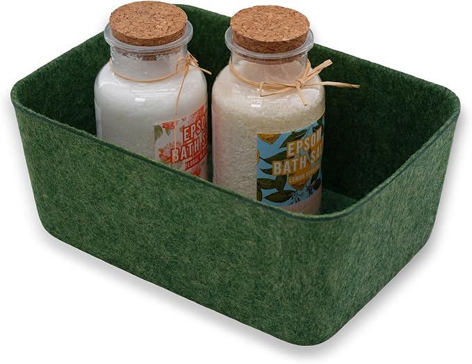 Felt deep Storage Bins lidded Drawer Organizer Caddy for junk stuff stationery makeup jewelry closet bathroom minimalist lifestyle (Forest Green Bin, S)