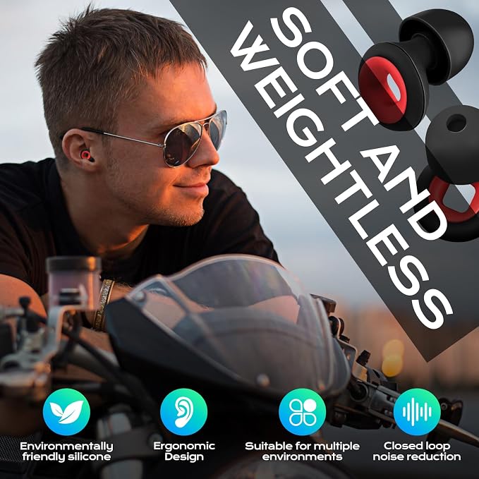 Earplugs Motorcycle.Ear Plugs for Sleeping Noise Cancelling 35dB Noise Reduction、Reusable Ear Plugs,Super Soft for Motorcycles Cycling、Sleeping、Work、Travel (Red Inner Circle)