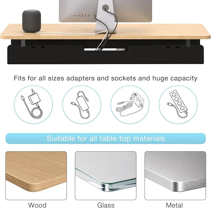 No-Drill Under Standing Desk Cable Management,31.5" L,Black | Upgraded 0.25" Heavy-Duty Felt Cable Organizer,Desk Wire Management Tray with Clamp or Screw Mount, for Home Or Office
