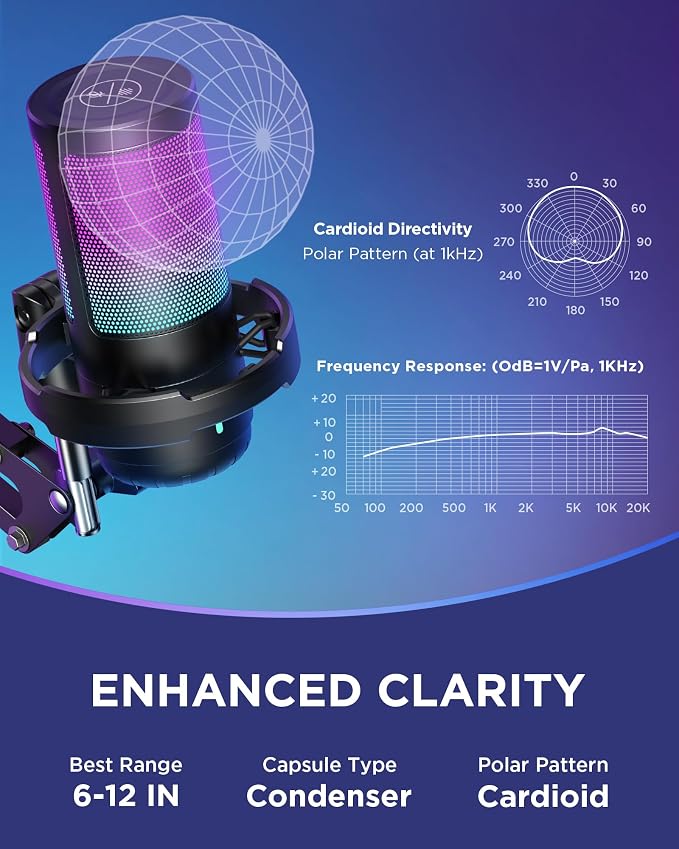 InnoGear Gaming USB Microphone, Noise Cancellation Condenser Mic with Mute, Gain, RGB Indicator, Boom Arm Stand for Streaming, Podcast, Twitch, YouTube, Discord, PC, Computer, PS4, PS5, Mac, Black