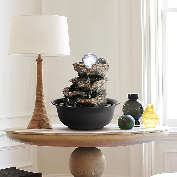 WICHEMI Water Fountains Indoor Waterfall Fountain Tabletop Fountain Water Feature Indoor Stacked Rocks Feng Shui Zen Meditation Relaxation Fountain with LED Light Indoor Spaces Desktop Decor (Style 5)