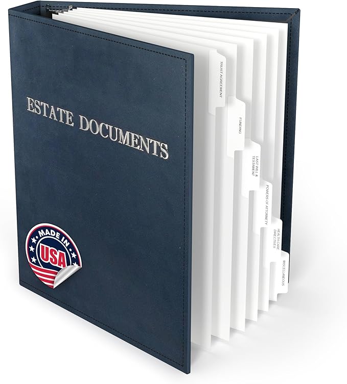 TRS Estate Planning Binder Kit – Pre-Labeled Tabs, Sheet Protectors | 1.5" D-Ring Stitched Faux Leather Organizer for Wills, Trusts, Power of Attorney & End-of-Life Planning | Silver on Navy