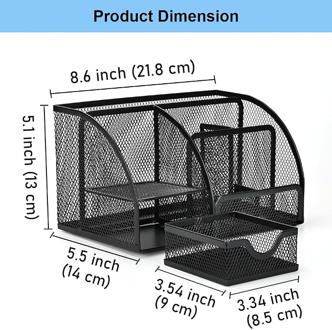 Desk Organizer Stationery Storage, Pencil Holder for Desk, Wire Mesh Office Supplies Journals Notebooks Organizers with 7 Compartments and Mini Drawer (Black)