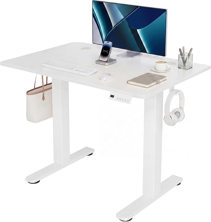 Claiks Electric Standing Desk 35x20 Inch Adjustable Desk, White | 156lbs weight capacity, 3 memory presets, industrial steel frame, cable management hub, adjustable height , easy assembly