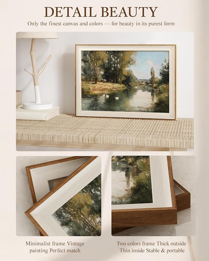 VIYYIEA Framed Wall Art for Living Room, Peaceful River Landscape Canvas Prints, Vintage Pastoral Countryside Nature Home Decor, Bedroom Kitchen Office Bathroom Wall Decor, 12x16 Inch