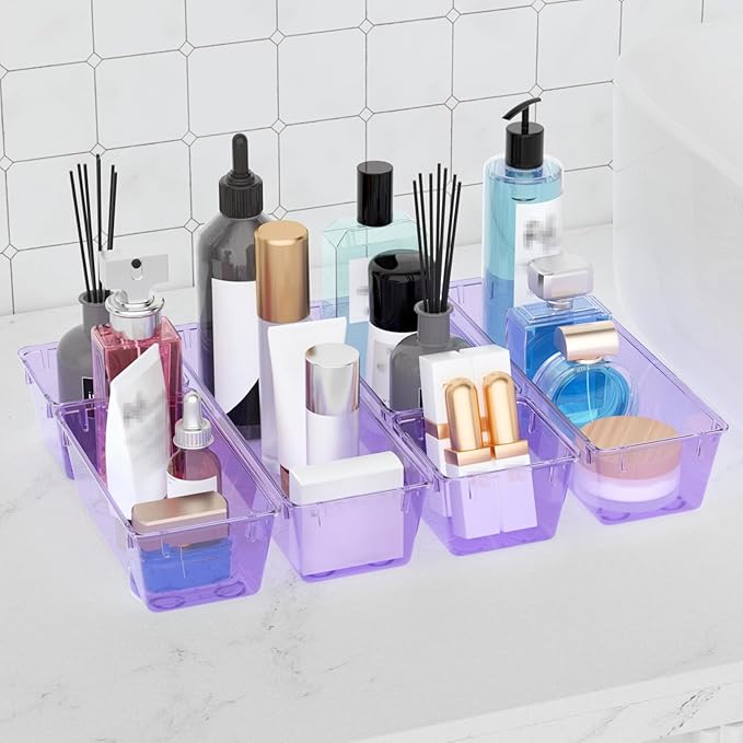 WOWBOX 9 Pack Clear Drawer Organizer Set, Acrylic Drawer Storage Trays, Storage Bins for Makeup, Cosmetics, Jewelries, Utensils, Gadgets, Office, Purple