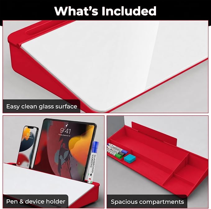 Chalkola Red/White Glass Desktop Whiteboard with Storage - Dry Erase Board, Work Desk Organizers, Computer Keyboard Stand, Home Office Desk Accessories, Workspace Desktop Buddy