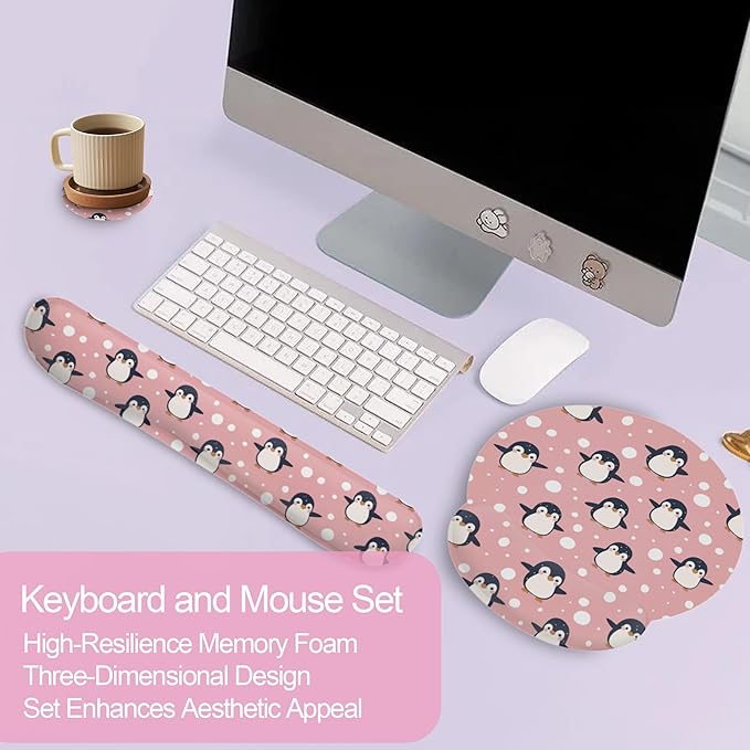 Cute Penguin Keyboard Wrist Rest Pad Mouse Pad Set,Ergonomic Mousepad Wrist Support Memory Foam Desk Pad for Gaming Office,Non-Slip Rubber Base Easy Typing for Home Office Computers