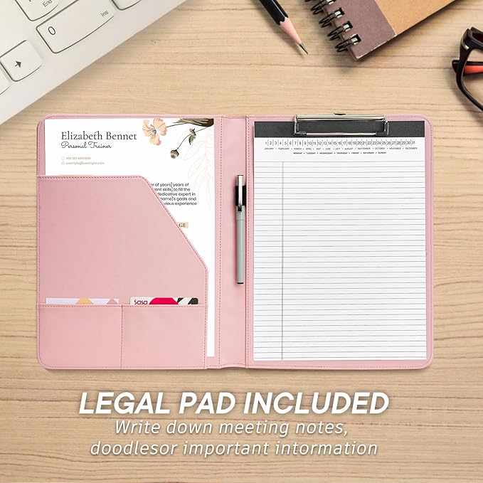 Professional Padfolio with Clipboard, Faux Leather Portfolio Folder Binder, 8.5 x 11 Legal Pad Holder for Letter Size Notepad, Resume, Writing Pad, Ideal Organizer for Business Office Conference, Pink