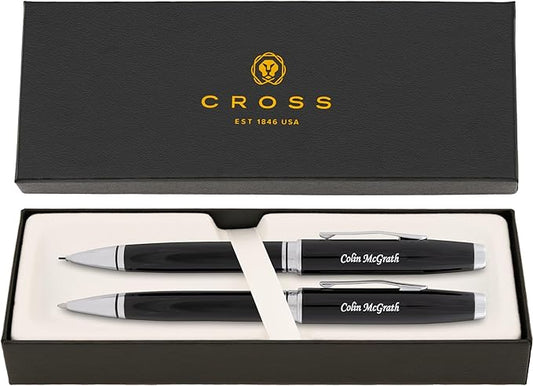 Dayspring Pens Engraved Cross Pen | Personalized Cross Coventry Ballpoint Pen and Pencil Set Black Lacquer. Engraved in Silver. Affordable Luxury Pen in Gift Box. Twist-Action Black Ink.