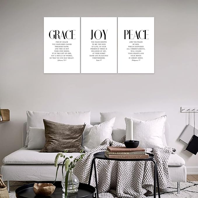 3 Piece Inspirational Wall Art White Motivational Mindset Picture, Quote "Grace Joy Peace" Canvas Print for Christian Gifts, Triptych Entrepreneur Poster Framed Artwork for Home Wall Decor(48"Wx24" H)