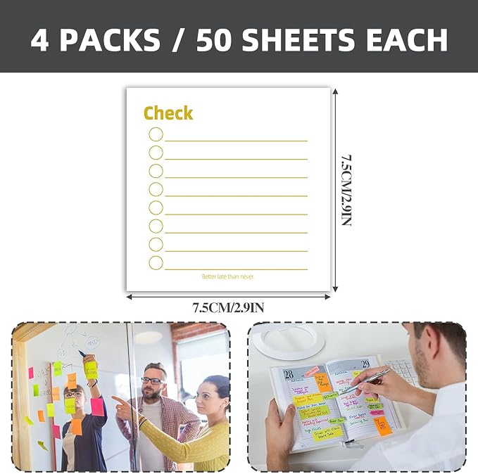 4 Pack/200 Sheets 3x3 inch Sticky Notes Set, High-Adhesive Productivity Planner Pads for Time Management, Vintage Daily Task Notes for Journal Office School Home, Bulk Retro Stationery Gift