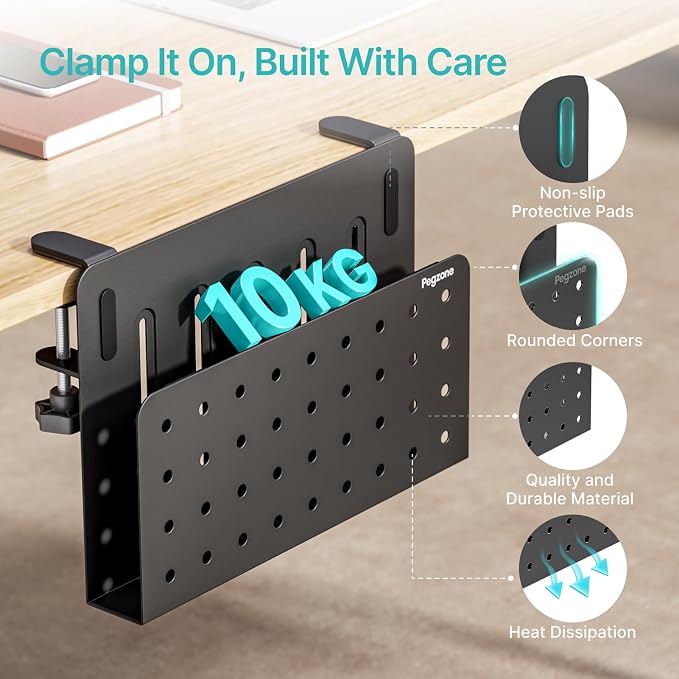 PEGZONE Desk Side Storage Organizer, Fits Flat Edge 0.4" to 2.2", Black | No Drill Under Desk Laptop Holder, Clamp on Desks Shelf with Pegboard Accessories, Hanging Laptop Mount