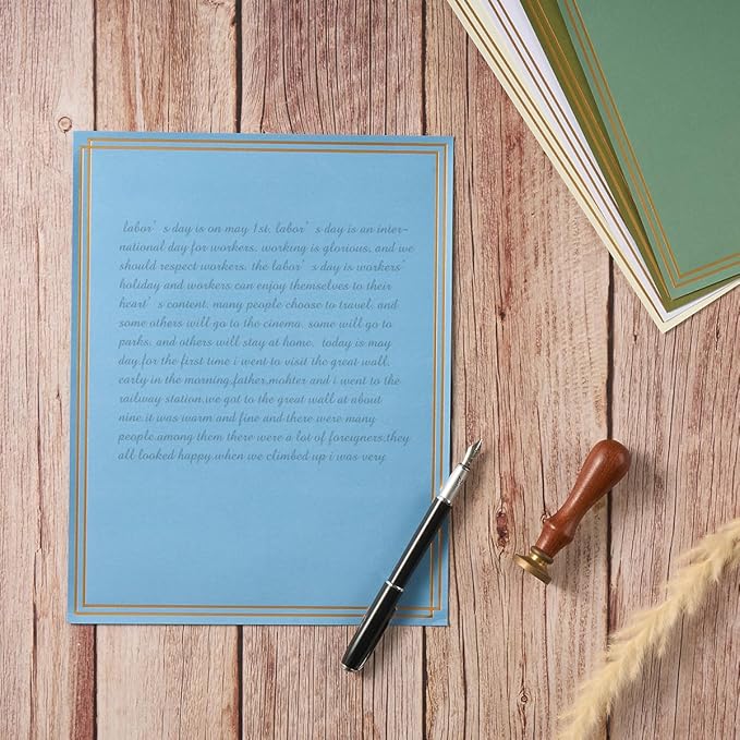 60 Pack Stationery Set Paper with Gold Border, 8.5x11 Inch Paper Sheets for Writing Letters, Letter Size Writing Paper (Dusty-Blue, 8.5x11 inches)
