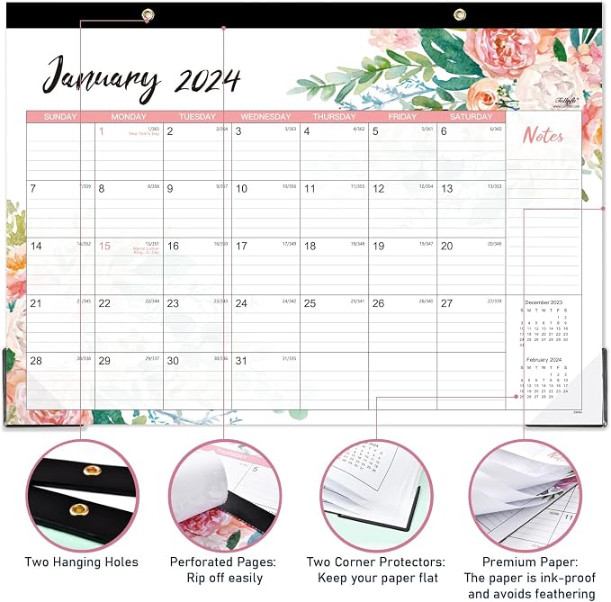 2024 Desk Calendar - Desk Calendar 2024,12 Monthly Desk/Wall Calendar 2-in-1, 16.8" x 12", January 2024 - December 2024, Thick Paper with Corner Protectors, Large Ruled Blocks - Blue Floral