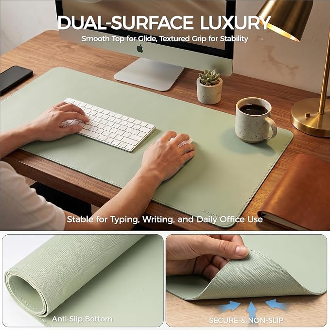 Large Desk Pad Non-Slip Desk Mat Protector for Keyboard Mouse Waterproof Vegan Leather Surface Faux Leather Laptop Mat Smooth Mouse Pad Premium Gift Tube Matcha Green 47" x 17"