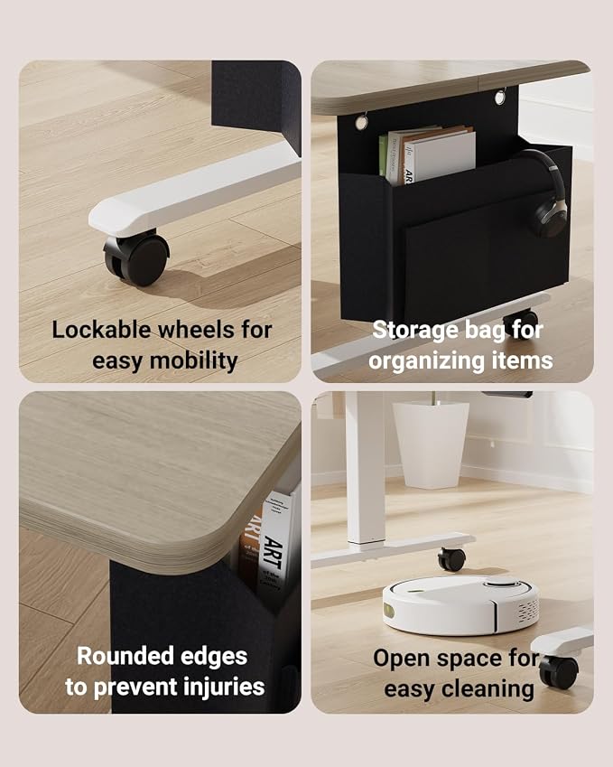 Coffee Table, Height Adjustable Electric Coffee Table with Storage Bag Lift Tabletop Dining Table Office Table with Lockable Wheels for Living Room (Grey Oak Look, 48 x 24 Inches)