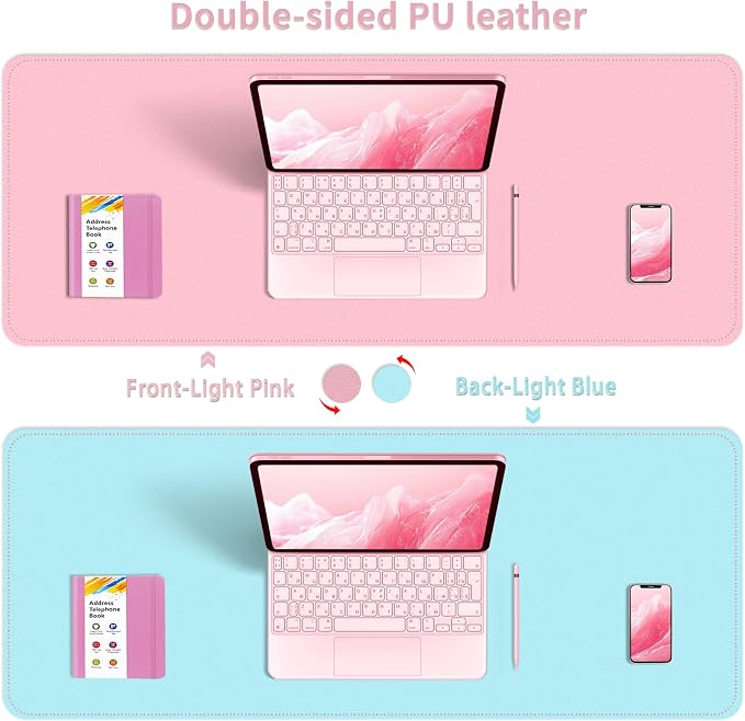 Dual-Sided Desk Mat, Large Pad, Waterproof Smooth PU Leather Blotter Protector, Mouse Pad, Desk Organizers, Office/Home Table Decor for Reading and Writing (Light Pink+Blue, 47.2''23.6'')
