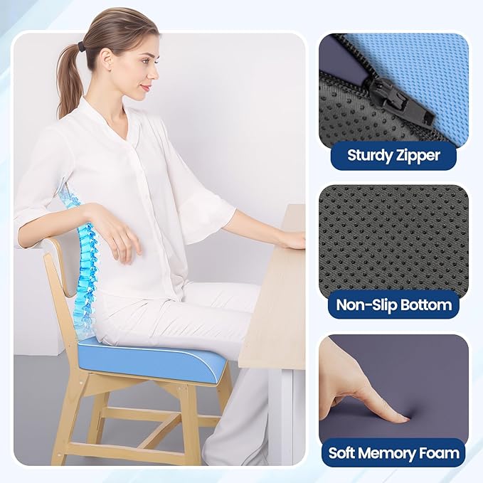 SweetSlubr Seat Cushion for Tailbone Pain Relief, Office Chair Cushion, Memory Foam Large Chair Cushion with Non-Slip Cover for Soft Support at Office Chair, Car Seat, Airplane Light Blue/2X-Large
