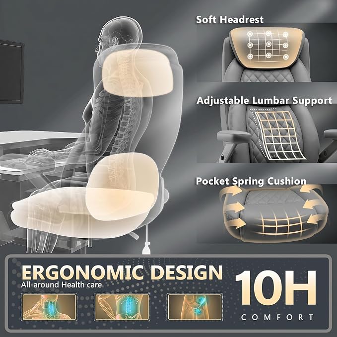 650LBS Big and Tall Office Chair with 5D Flip Arms and Thick Pocket Spring Cushion,Extra Wide Heavy Duty Office Chair&Adjustable Lumbar Support,Large High Back Computer Chair Dual Rubber Wheel (Grey1)