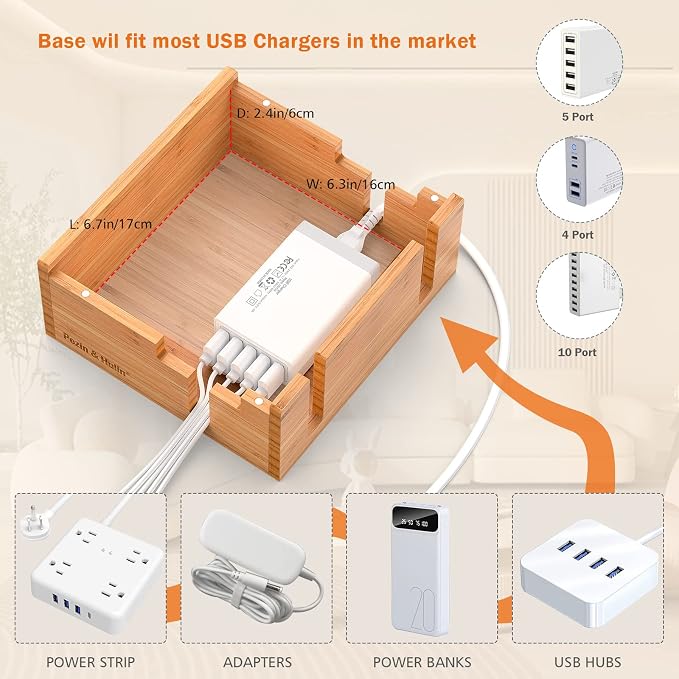 Pezin & Hulin Bamboo Charging Station for Multiple Devices with 5-Port HUB | Desktop Organizer, Wooden Docking Stations, All-in-1 Bamboo Dock Rack for Phones, Tablets, Watch–with 5 Cables
