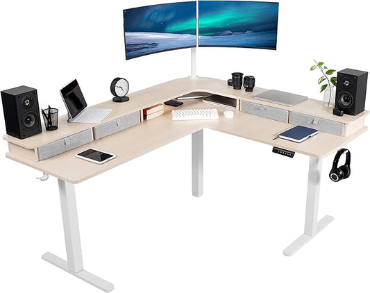 VIVO Electric 2-Tier Corner L-Shaped 63 x 55 inch Standing Desk, Height Adjustable, Memory Controller, Light Wood Top White Frame, Light Gray Drawers, DESK-E3CVC