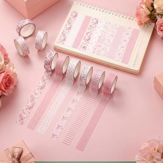 12 Rolls Watercolor Floral Washi Tape Set 15 mm Vintage Flower Decorative Masking Tape for Summer School Arts DIY Craft Scrapbook Journal Supplies Gifts(Pink,Bows and Polka Dots)