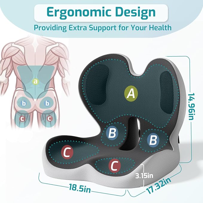 Ergonomic Seat Cushion, Office Chair Cushion with Lumbar Support Pillow, Memory Foam Seat Cushions for Office, Car, Home Chairs,Tailbone,Back Pain & Sciatica Relief,Improves Posture