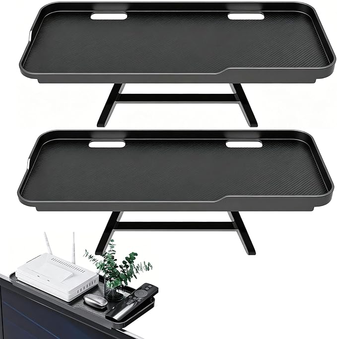 2 Pcs TV Top Shelf Screen Top Storage Stand, Black Computer Monitor Top Mounting Bracket Adjustable Cable Box Mount Shelf with 12 inch/30cm Platform for Speakers/Router/Sound Bars/Game Console